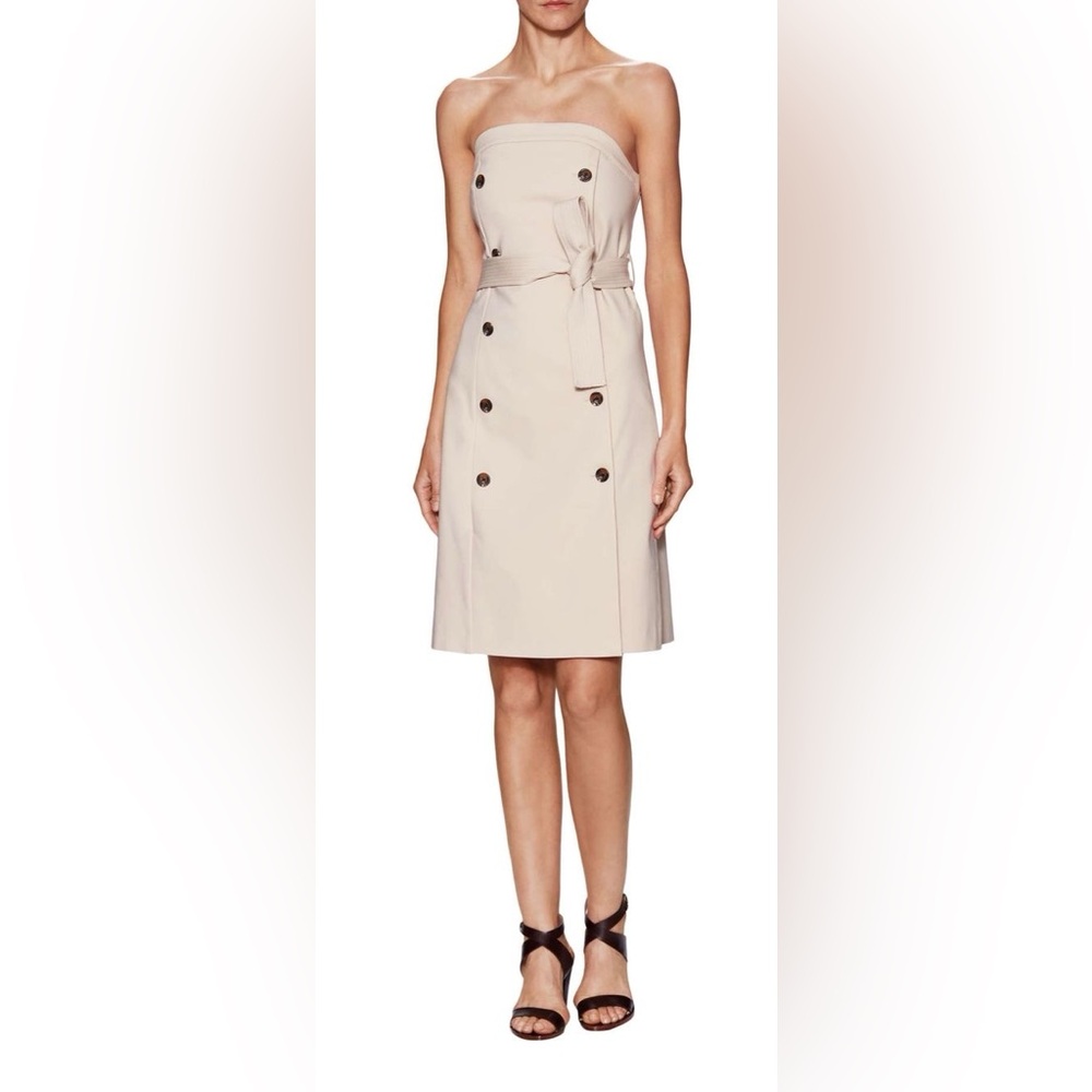 Strapless Belted Trench-Style Dress in Light Beige